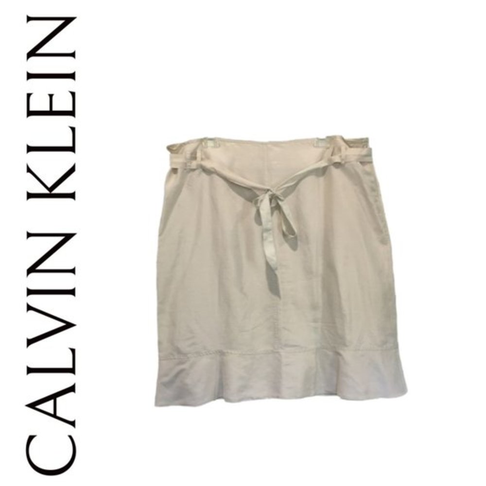 Calvin Klein Short Belted Khaki Silk Bamboo Pockets Midi Skirt Women's 16